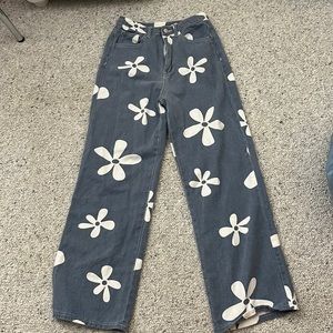 Flower Printed Wide Legged Jeans